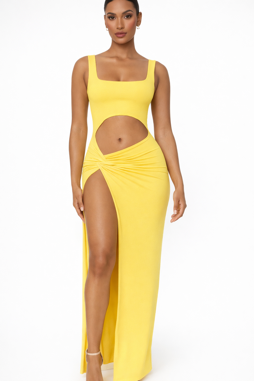 Women’s Sculpted Maxi Dress Bold Yellow High Split Design 1