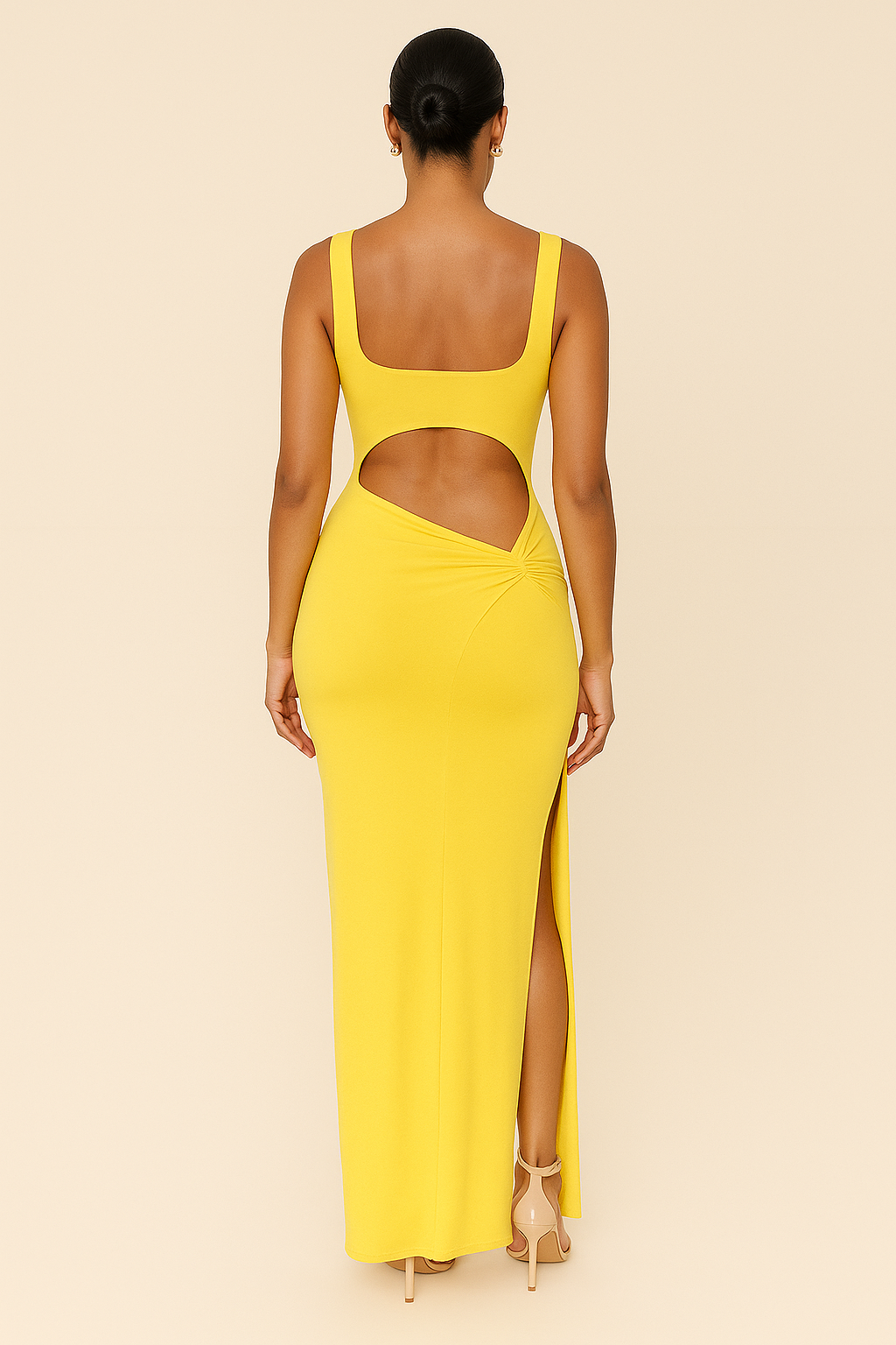 Women’s Sculpted Maxi Dress Bold Yellow High Split Design 2