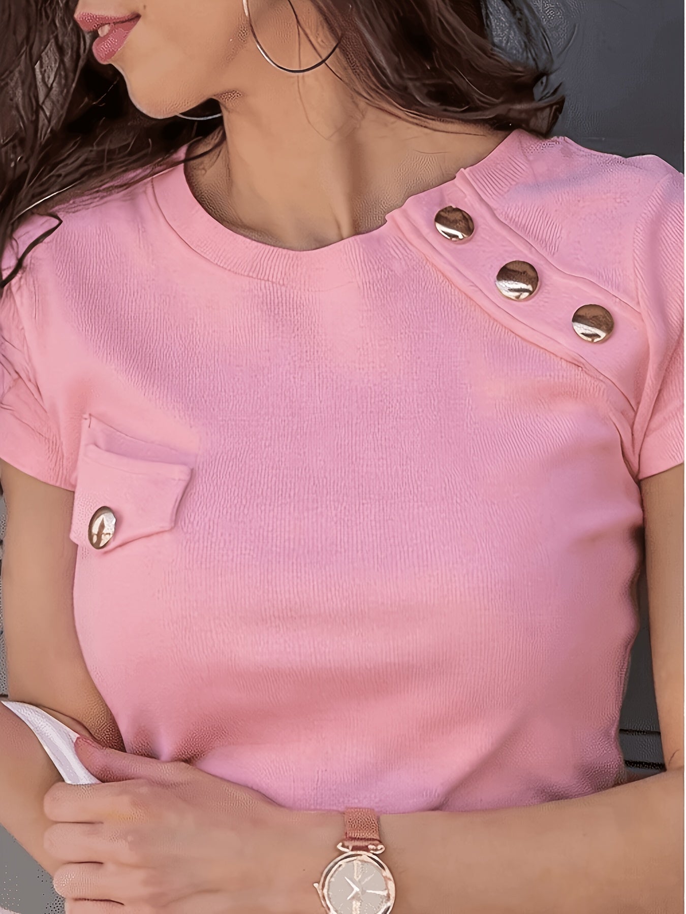 Women’s Short-Sleeve T-Shirt with Button Accent Detail Elegant Style 4