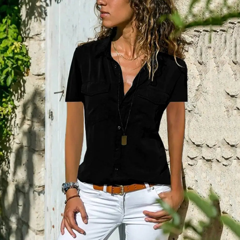 Women’s Short Sleeve Blouse Classic Button-Down Design with Front Pockets 4