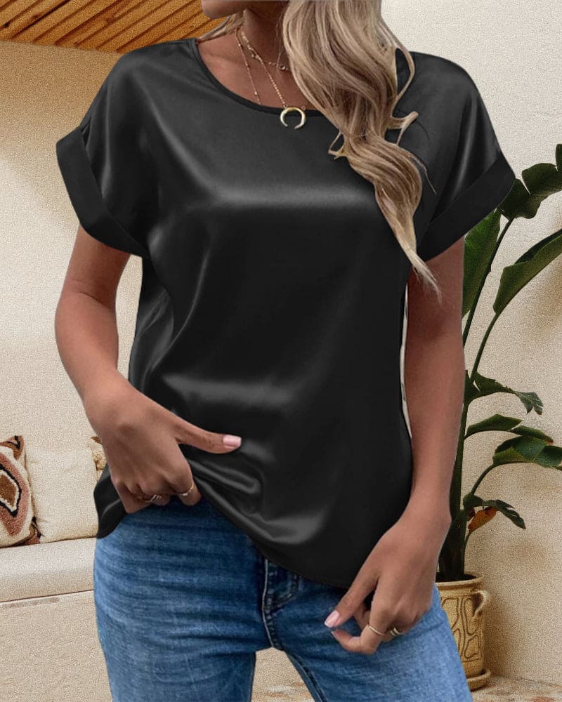 Women’s Short Sleeve Satin Blouse Relaxed Fit Summer Style 7