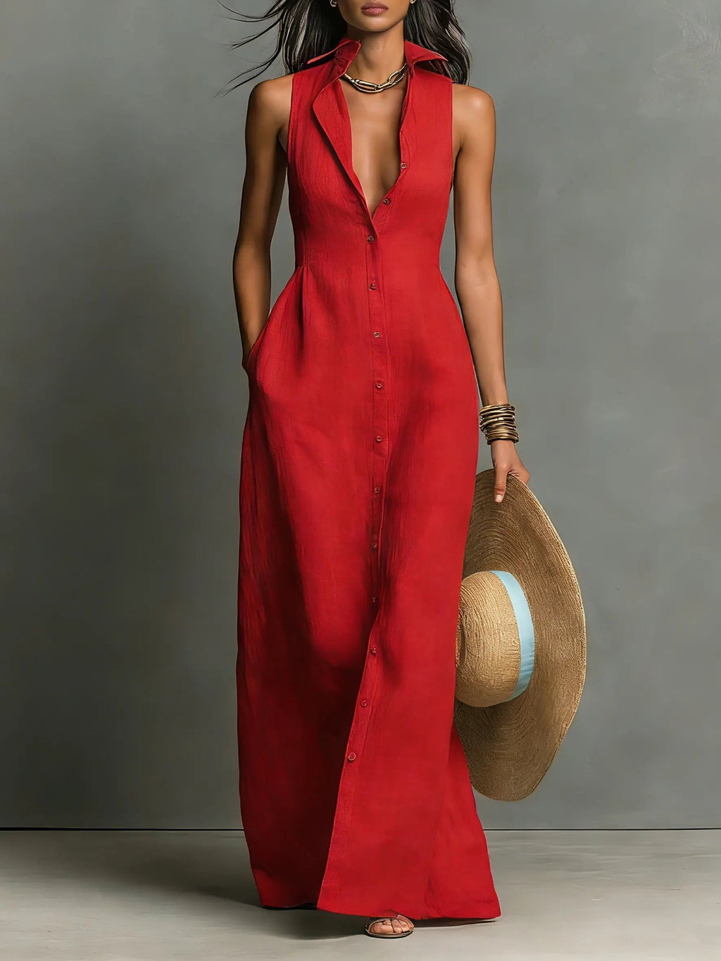 Women’s Sleeveless Collared Maxi Dress Lightweight Linen Button-Front Style 0