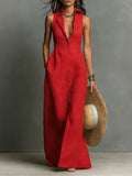 Women’s Sleeveless Collared Maxi Dress Lightweight Linen Button-Front Style 0
