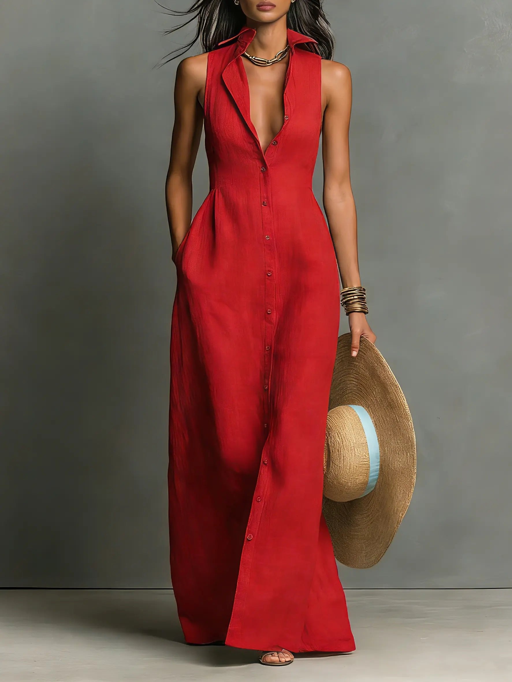 Women’s Sleeveless Collared Maxi Dress Lightweight Linen Button-Front Style 0