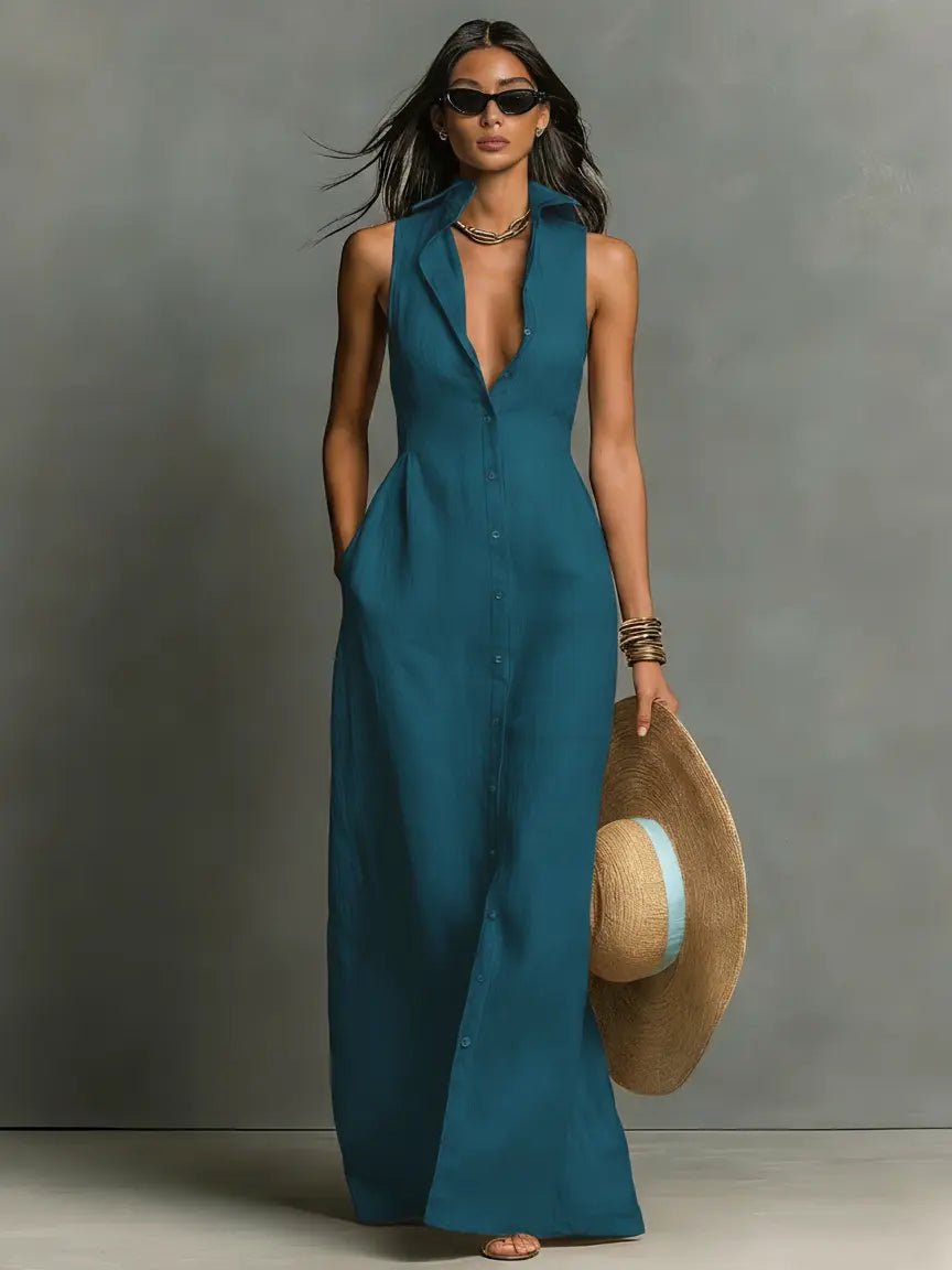 Women’s Sleeveless Collared Maxi Dress Lightweight Linen Button-Front Style 2