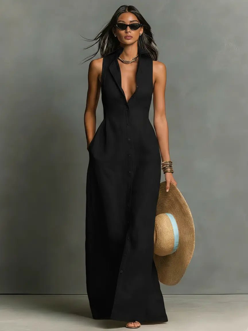 Women’s Sleeveless Collared Maxi Dress Lightweight Linen Button-Front Style 3