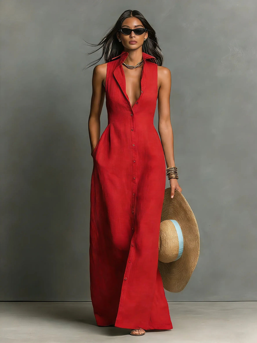 Women’s Sleeveless Collared Maxi Dress Lightweight Linen Button-Front Style 6