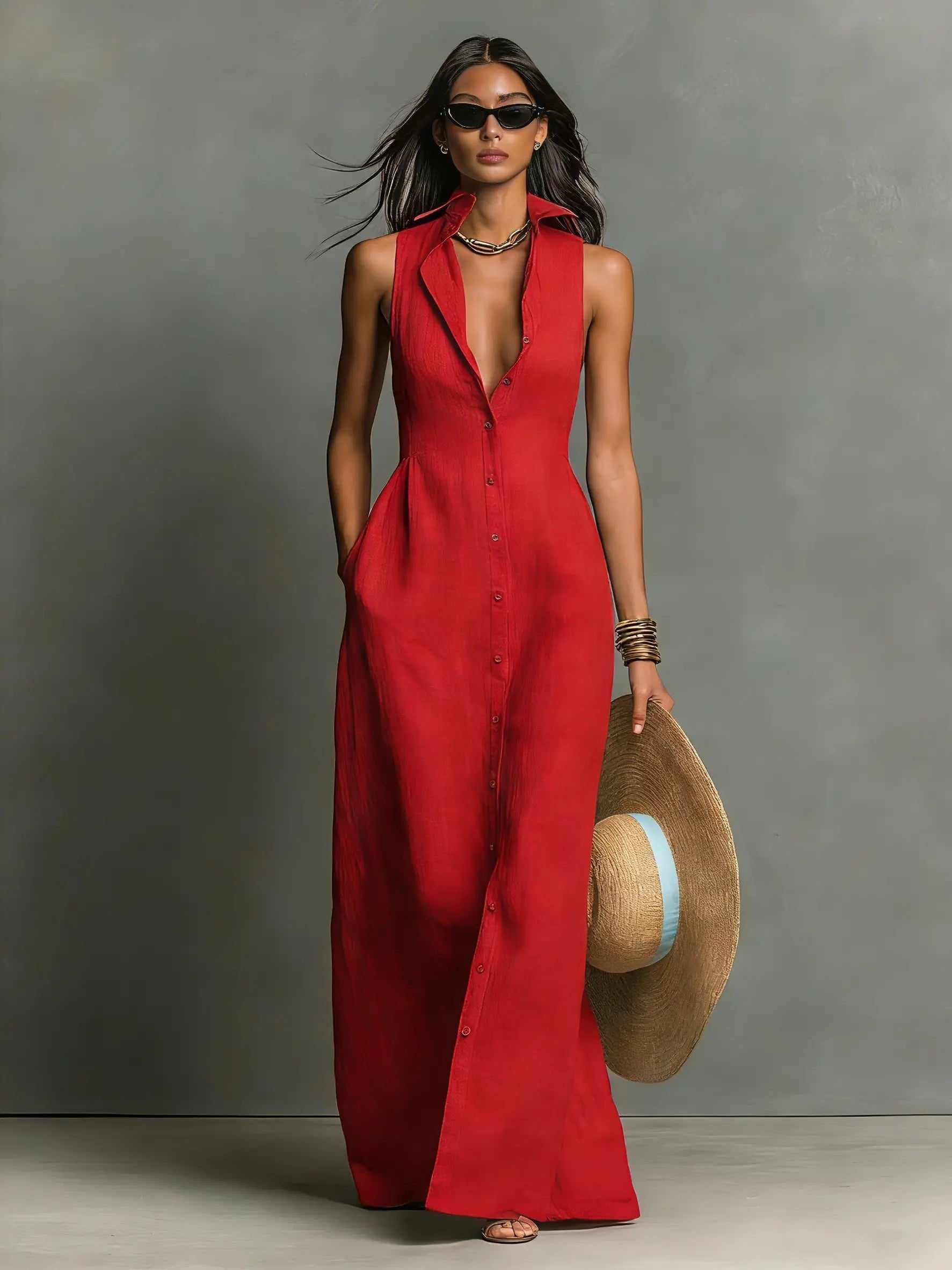 Women’s Sleeveless Collared Maxi Dress Lightweight Linen Button-Front Style 6