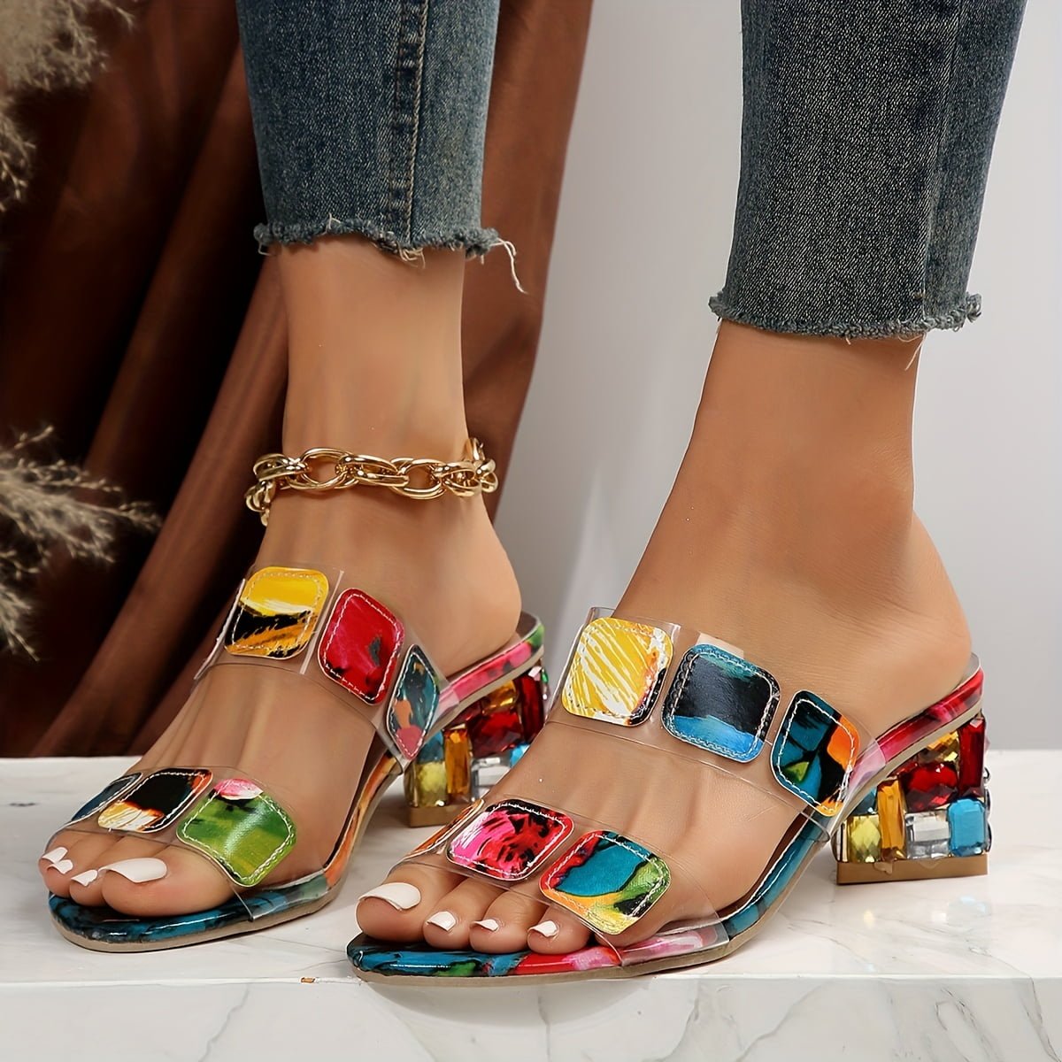 Women’s Slide Sandals Multi-Strap Gemstone Design with Clear Block Heel 0