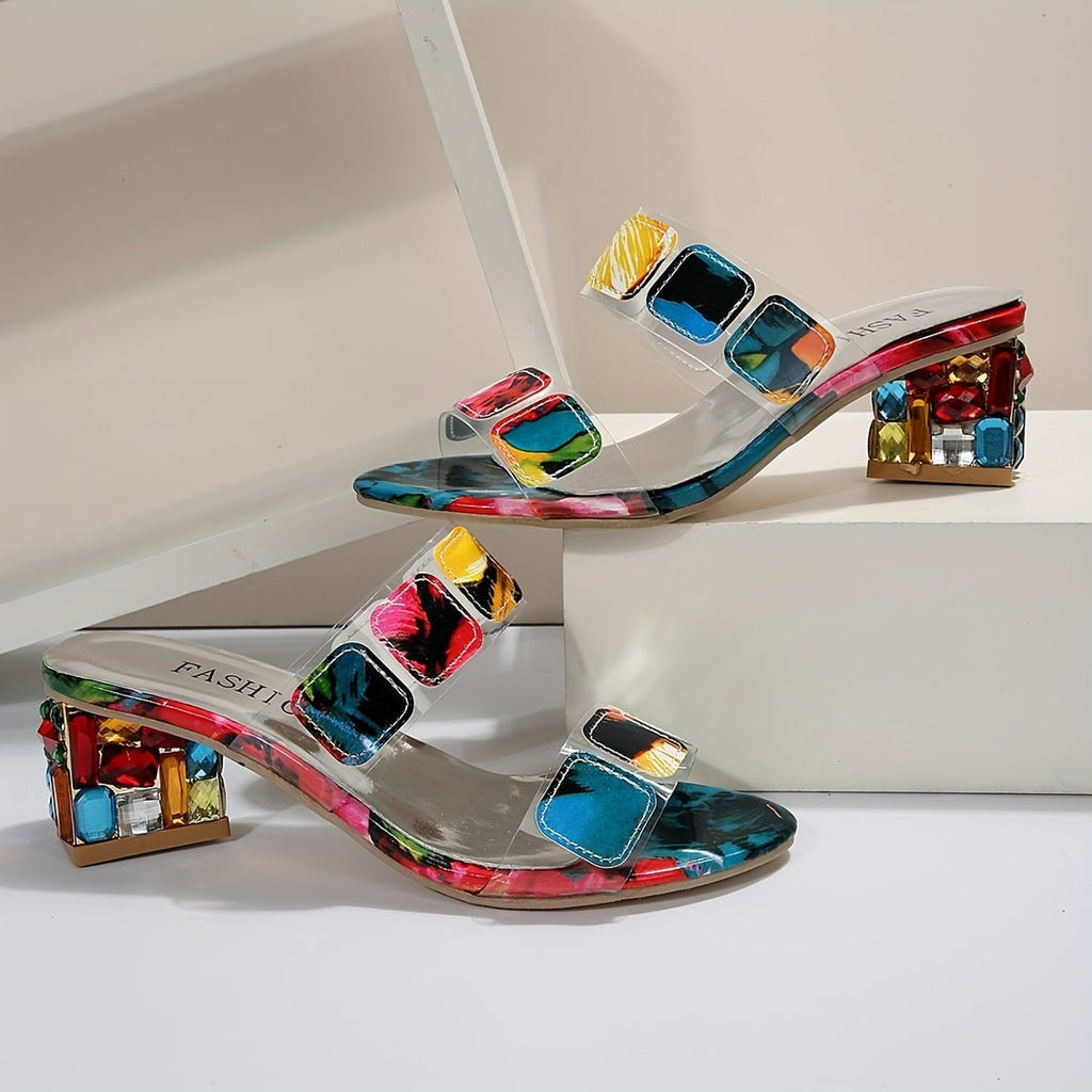 Women’s Slide Sandals Multi-Strap Gemstone Design with Clear Block Heel 2