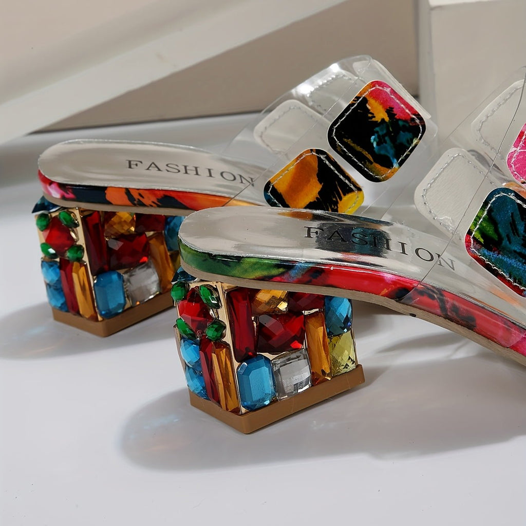 Women’s Slide Sandals Multi-Strap Gemstone Design with Clear Block Heel 3