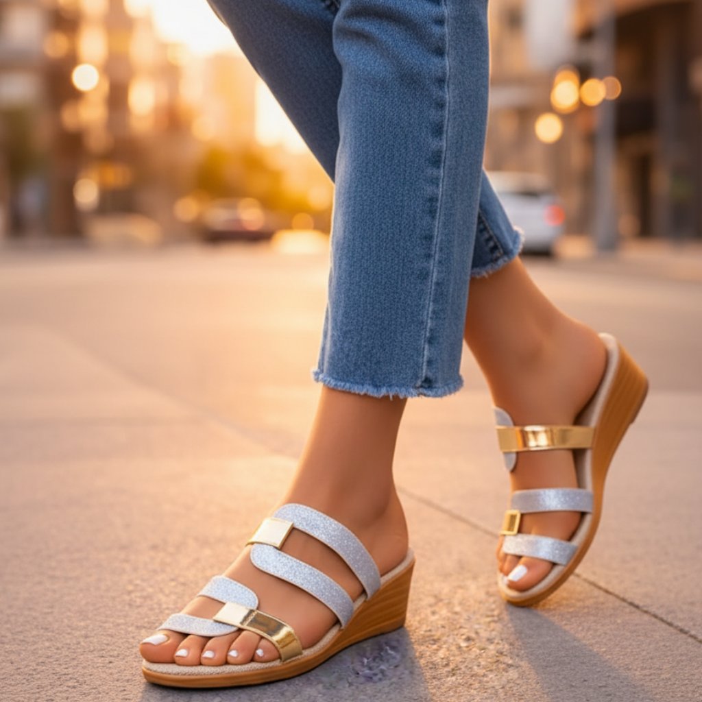 Women’s Slip-On Sandals with Gold Accent and Glitter Design 1