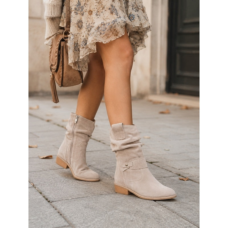Women’s Slouchy Black Ankle Boots with Block Heel and Buckle Detail 1