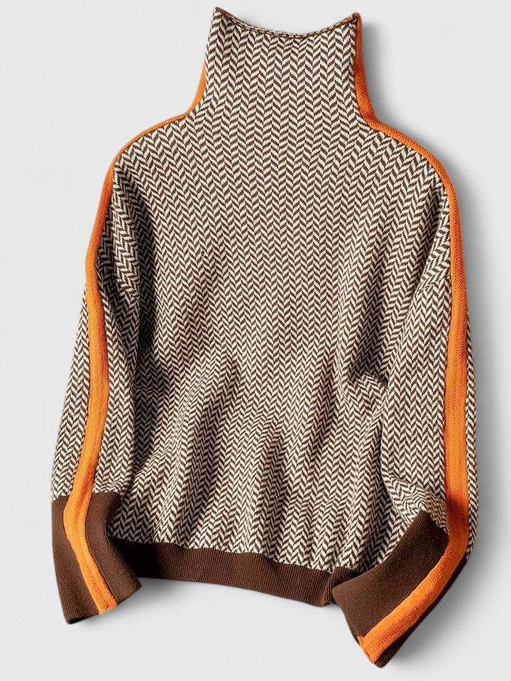 Women’s Sophisticated Sweater Chic High Collar Striped Design 0
