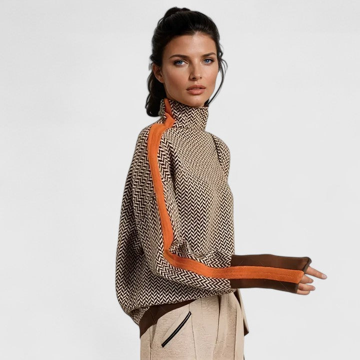Women’s Sophisticated Sweater Chic High Collar Striped Design 1