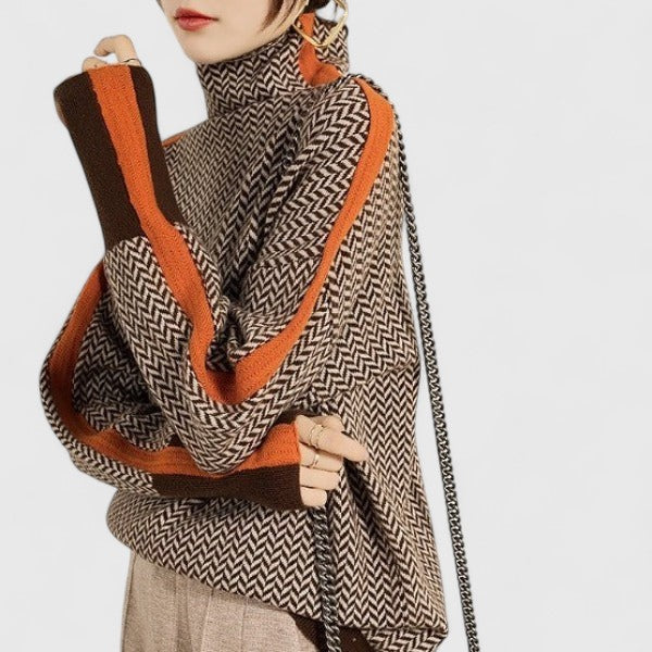 Women’s Sophisticated Sweater Chic High Collar Striped Design 2