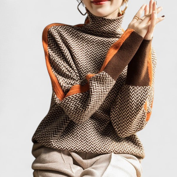 Women’s Sophisticated Sweater Chic High Collar Striped Design 3