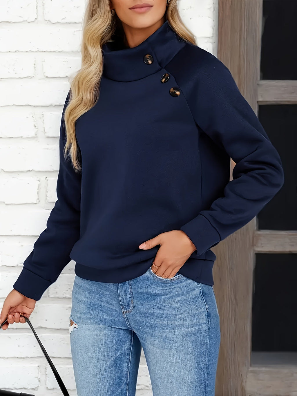 Women’s Stand Collar Sweatshirt Elegant Button Detail Casual Comfort 1