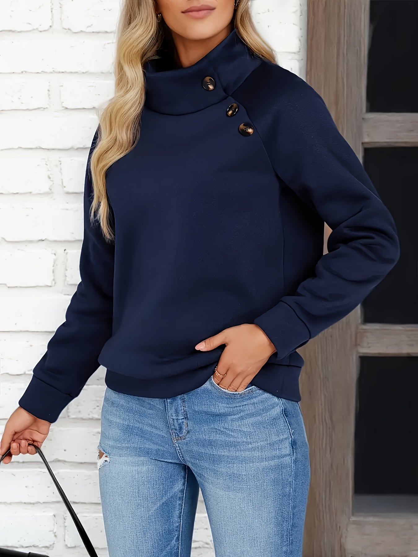 Women’s Stand Collar Sweatshirt Elegant Button Detail Casual Comfort 1