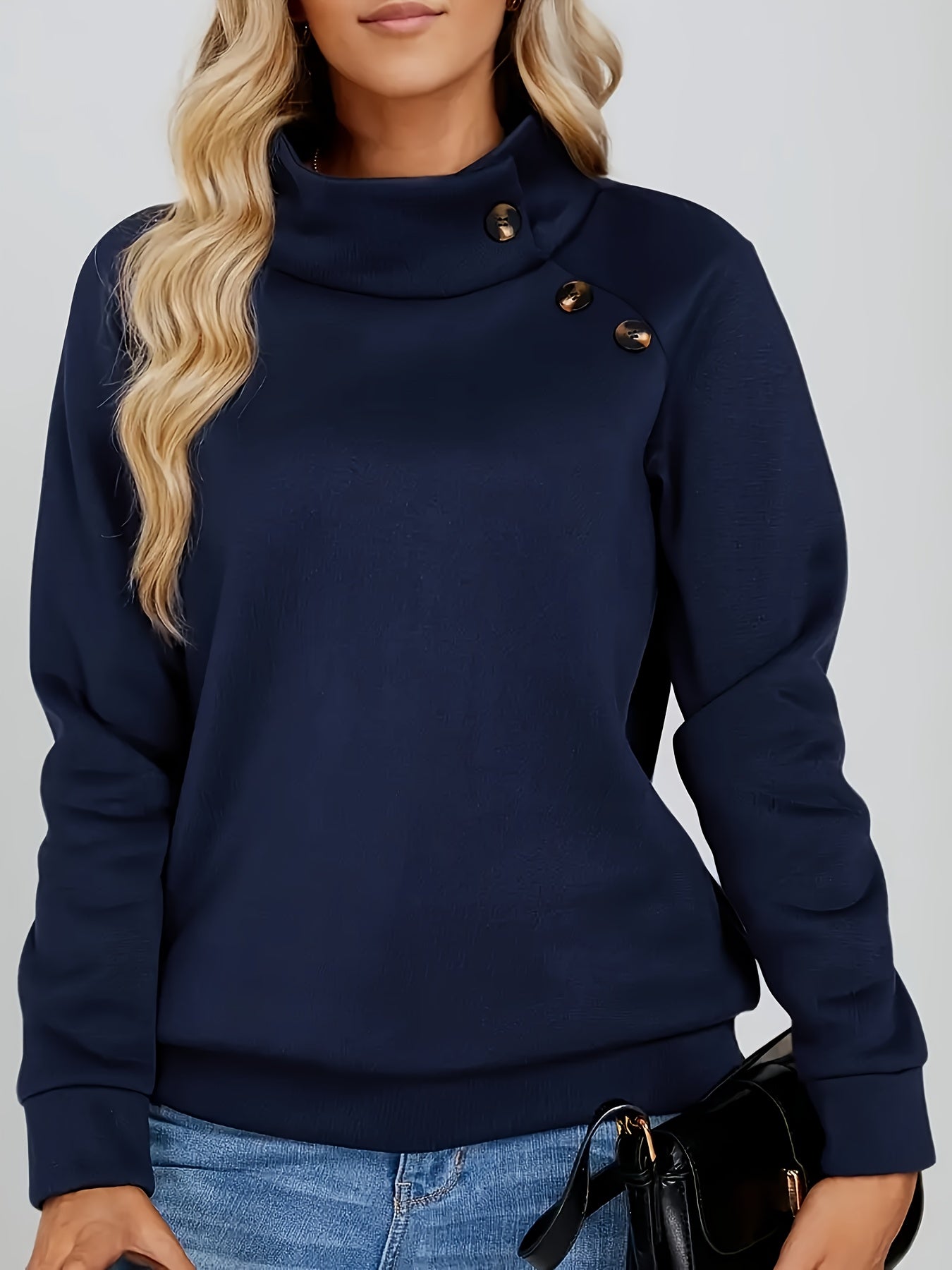 Women’s Stand Collar Sweatshirt Elegant Button Detail Casual Comfort 2