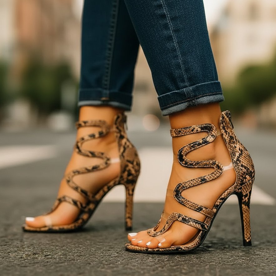 Women’s Strappy Ankle Wrap High Heels Snake Print Design 0