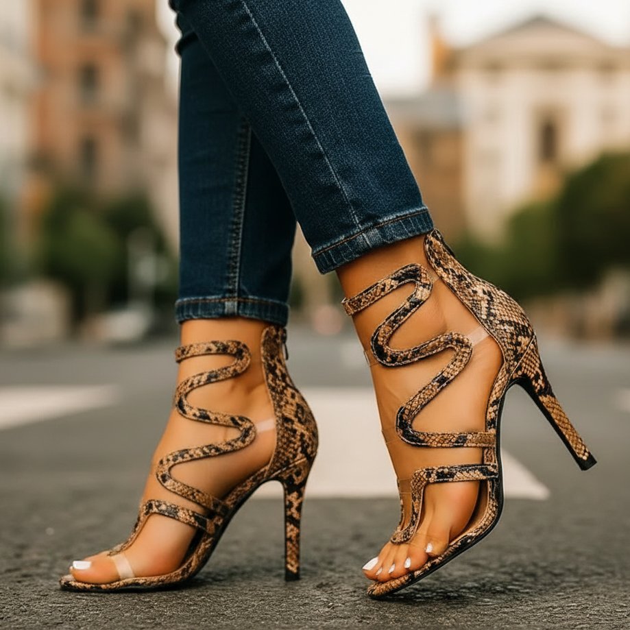 Women’s Strappy Ankle Wrap High Heels Snake Print Design 1