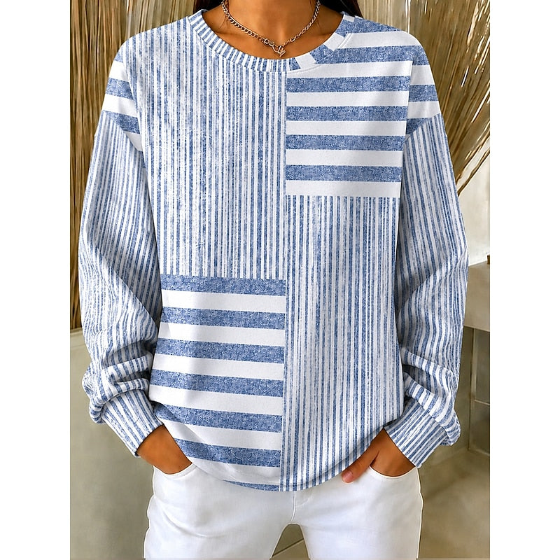 Women’s Striped Colorblock Crew Neck Sweatshirt Relaxed Fit 0