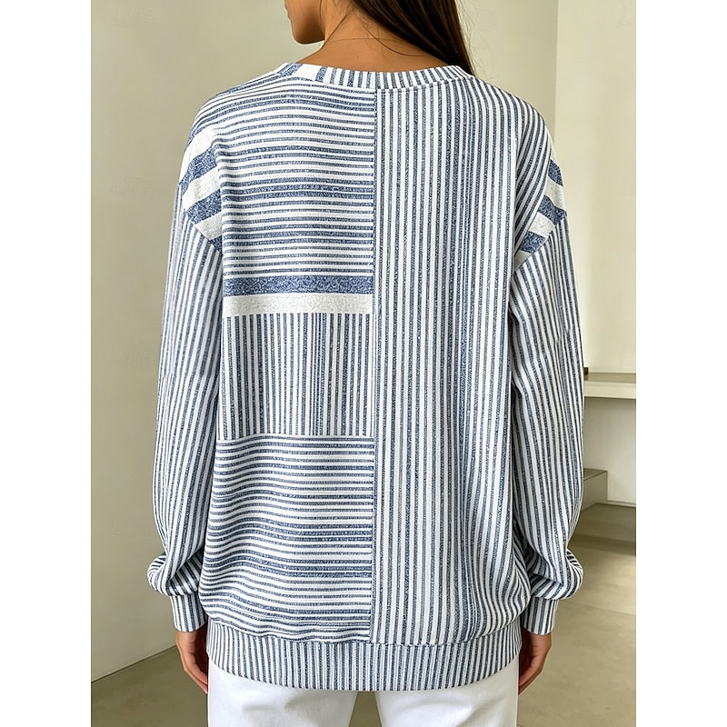 Women’s Striped Colorblock Crew Neck Sweatshirt Relaxed Fit 1