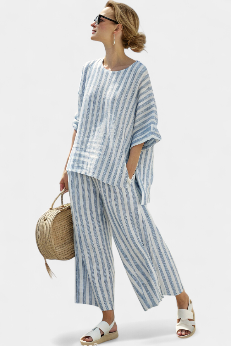 Women’s Striped Linen Top and Relaxed Pants Set for Summer Style 0
