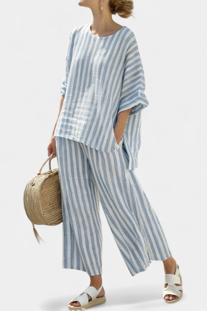 Women’s Striped Linen Top and Relaxed Pants Set for Summer Style 1