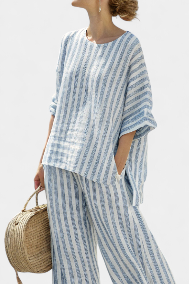 Women’s Striped Linen Top and Relaxed Pants Set for Summer Style 2