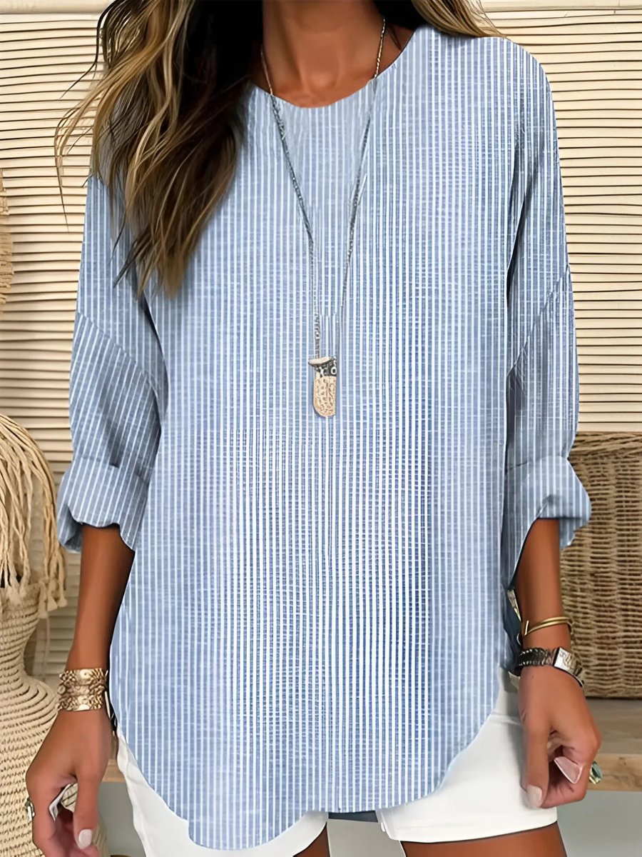 Women’s Striped Long Sleeve Blouse Relaxed Fit Crew Neck Style 0