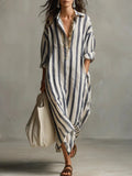 Women’s Striped Maxi Dress Lightweight Linen Style 0
