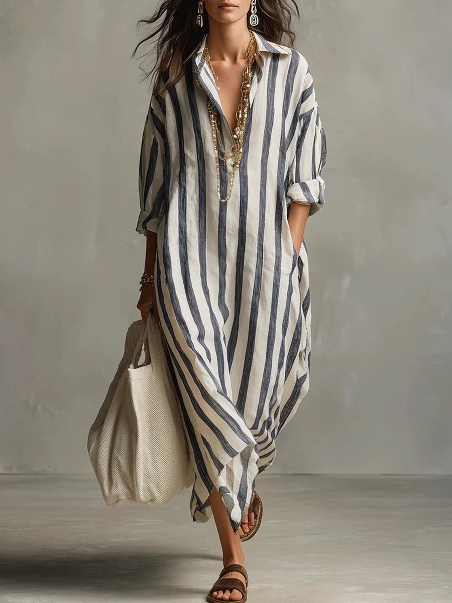 Women’s Striped Maxi Dress Lightweight Linen Style 0