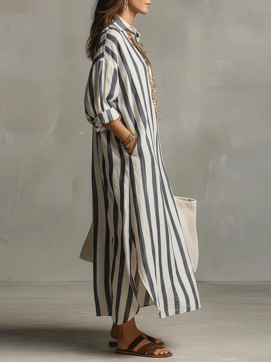 Women’s Striped Maxi Dress Lightweight Linen Style 1
