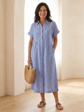 Women’s Striped Midi Dress Button Front with Short Sleeves 0
