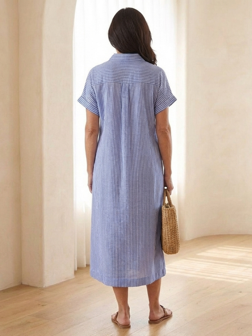 Women’s Striped Midi Dress Button Front with Short Sleeves 1
