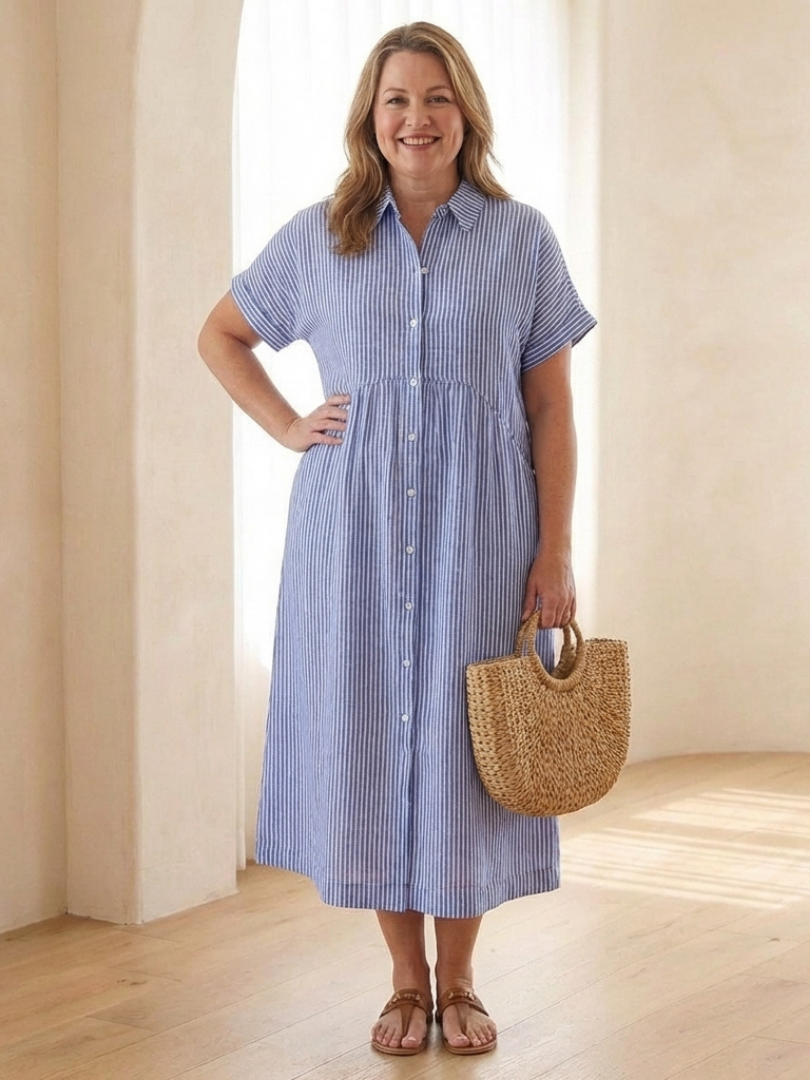 Women’s Striped Midi Dress Button Front with Short Sleeves 2