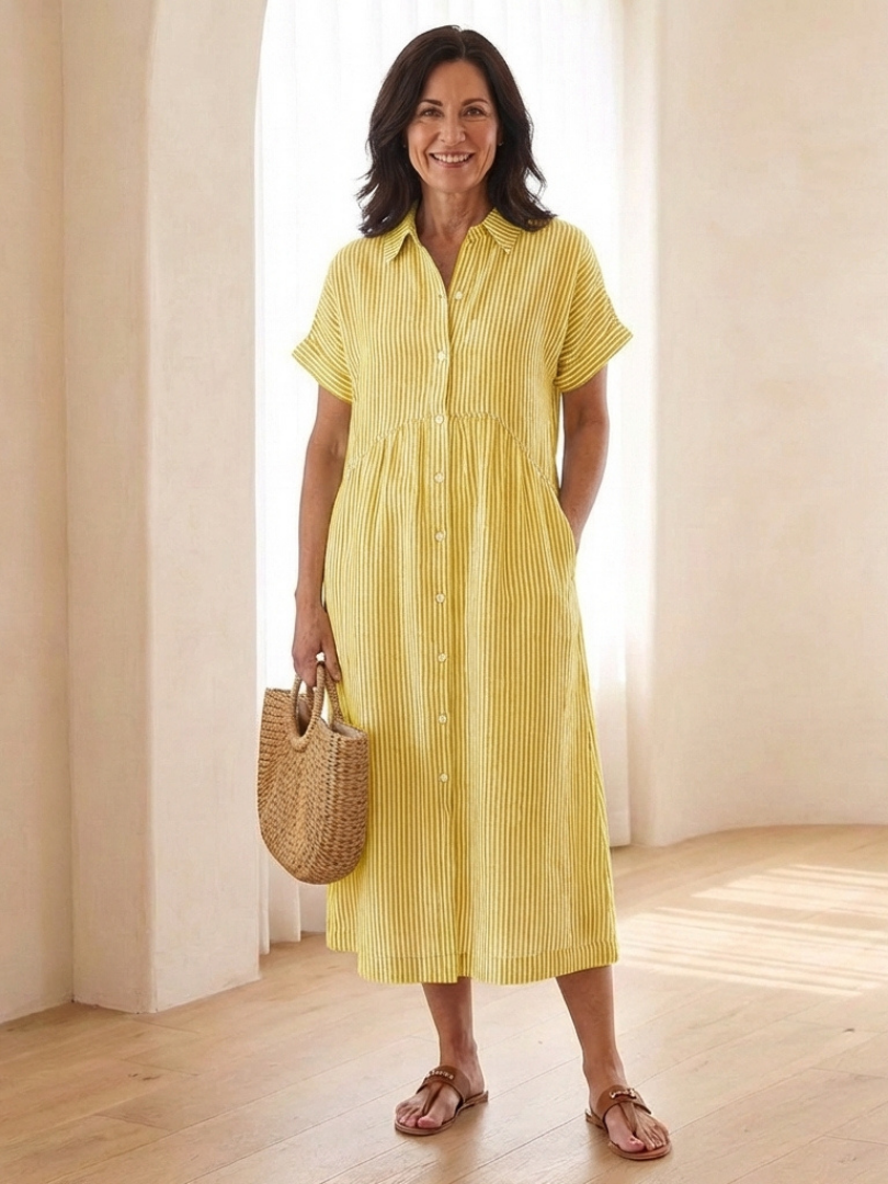 Women’s Striped Midi Dress Button Front with Short Sleeves 3