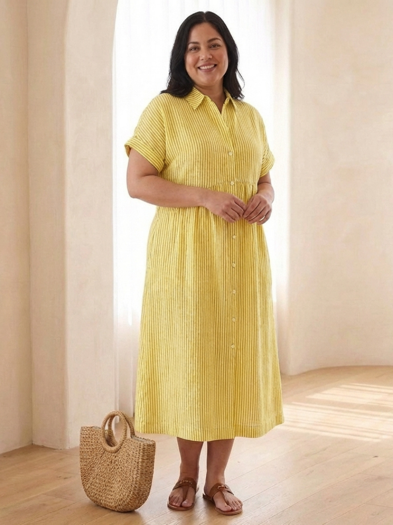 Women’s Striped Midi Dress Button Front with Short Sleeves 4