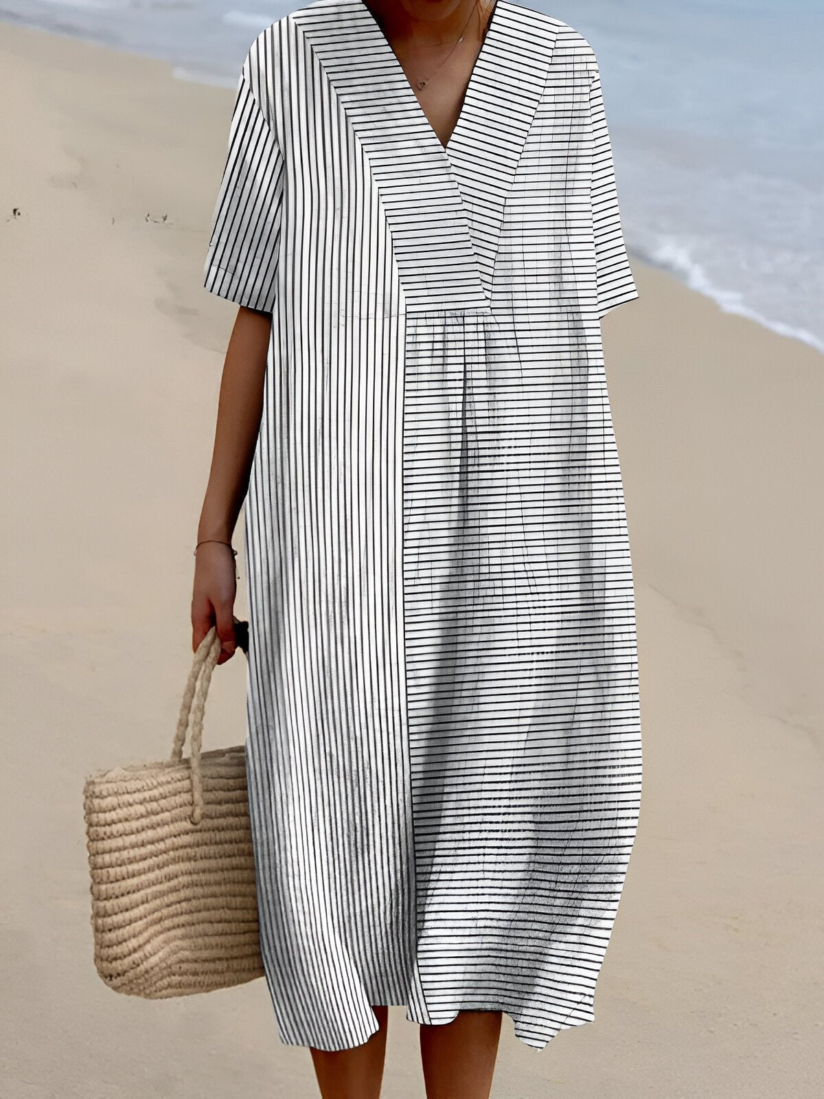 Women’s Striped Midi Dress Relaxed Boho V-Neck Summer Style 0