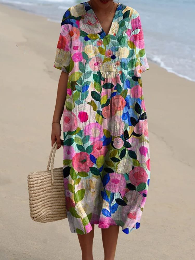 Women’s Striped Midi Dress Relaxed Boho V-Neck Summer Style 1