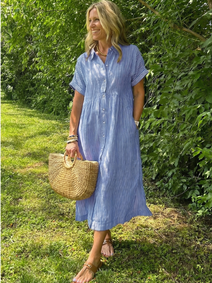 Women’s Striped Midi Dress Short Sleeve Button Front Design 0