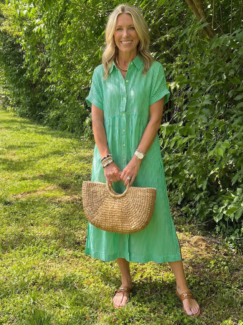 Women’s Striped Midi Dress Short Sleeve Button Front Design 1