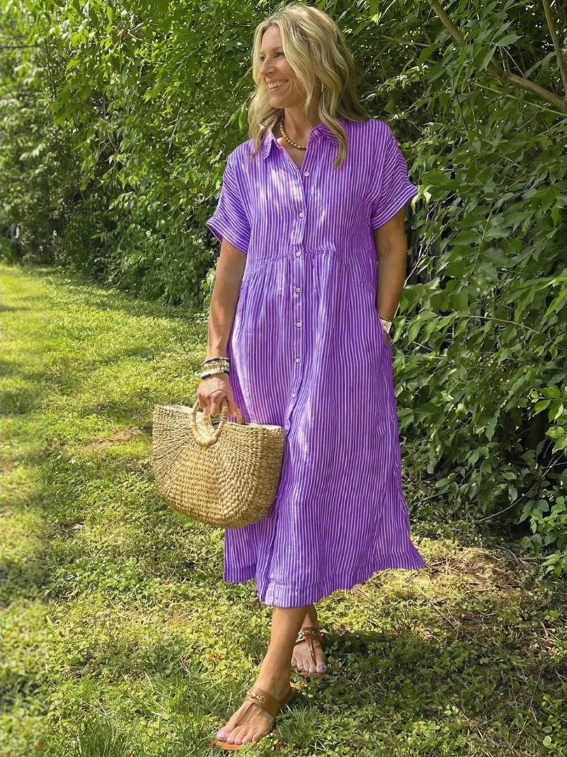 Women’s Striped Midi Dress Short Sleeve Button Front Design 2