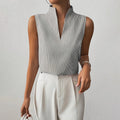 Women’s Striped Sleeveless Blouse V-Neck Stand Collar Summer Top 0