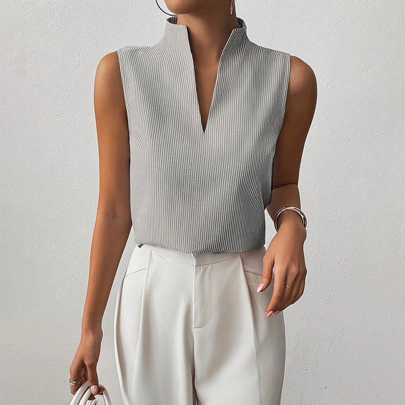 Women’s Striped Sleeveless Blouse V-Neck Stand Collar Summer Top 0