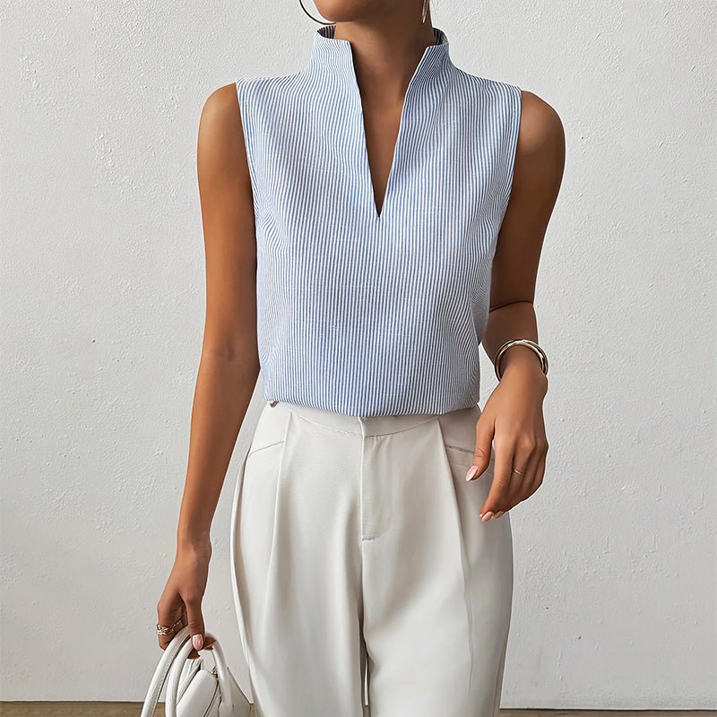 Women’s Striped Sleeveless Blouse V-Neck Stand Collar Summer Top 1