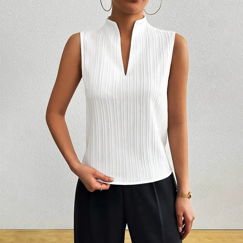 Women’s Striped Sleeveless Blouse V-Neck Stand Collar Summer Top 2