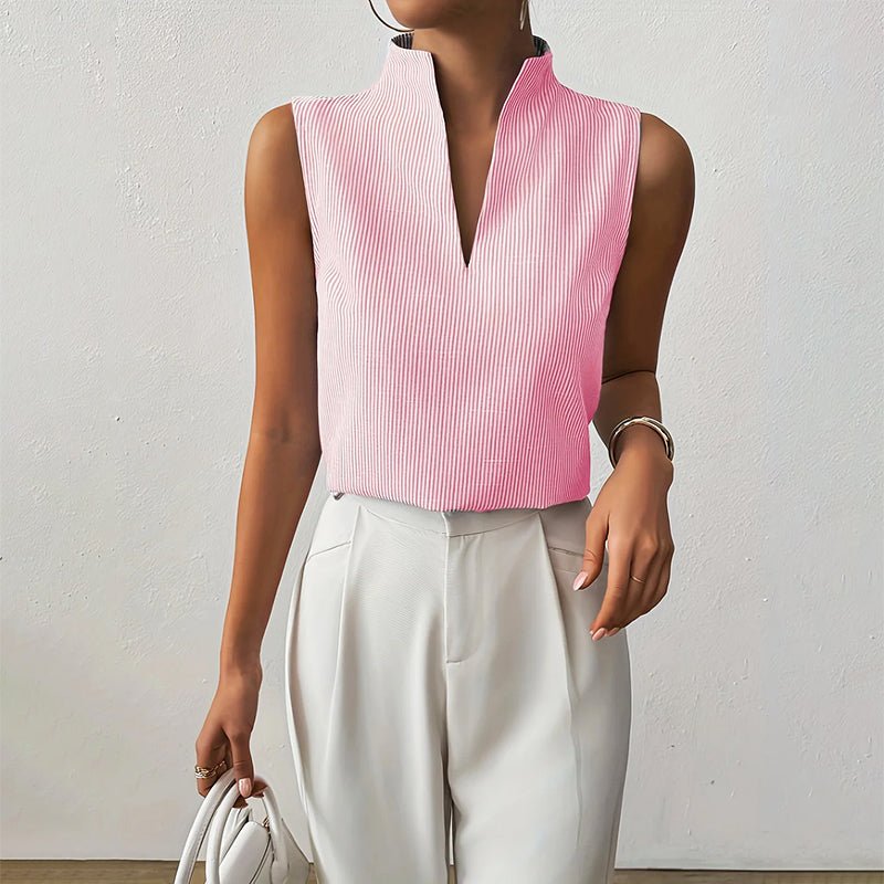 Women’s Striped Sleeveless Blouse V-Neck Stand Collar Summer Top 3